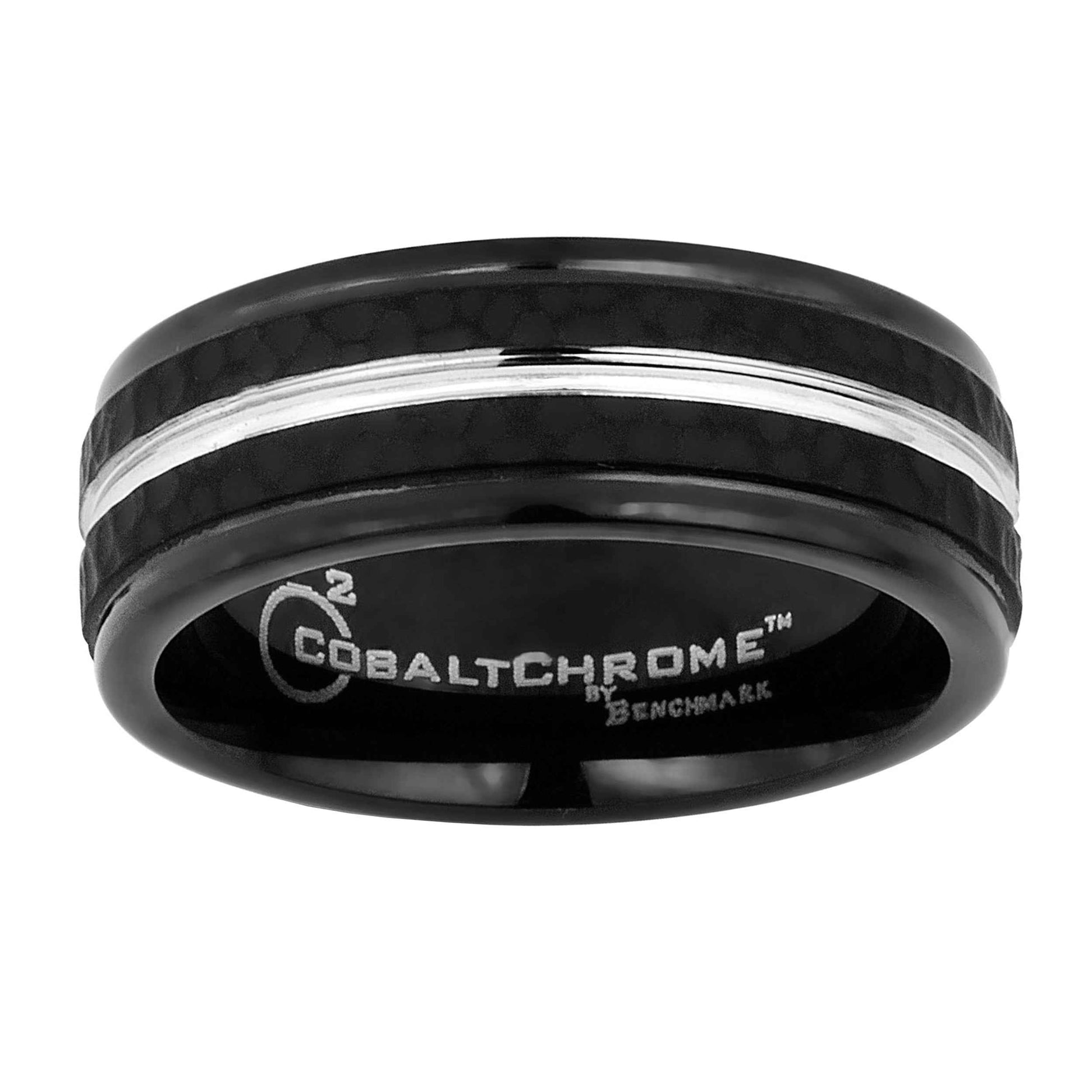 BENCHMARK Men's 8MM Black Hammered Cobalt Wedding Band with Chrome Center
