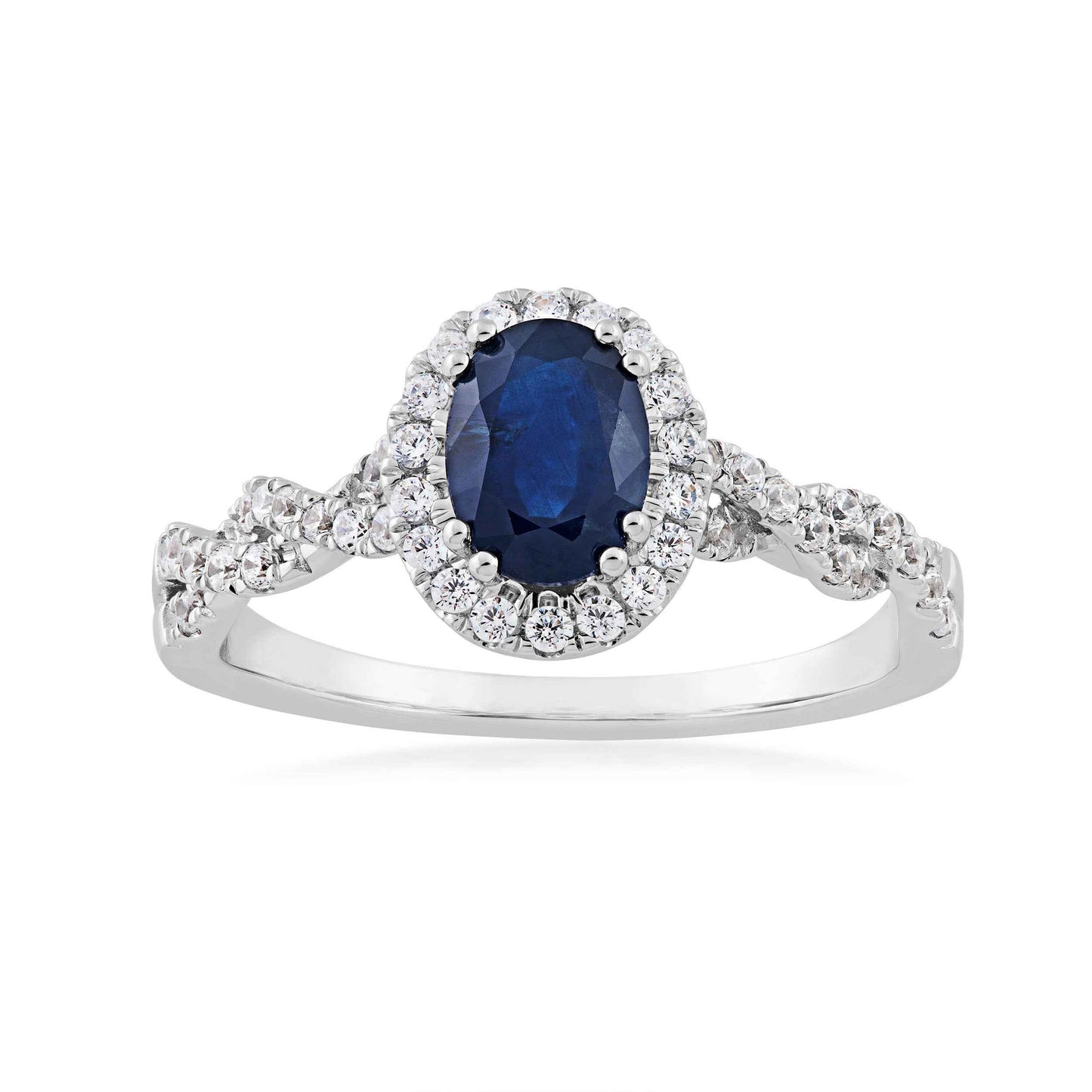 Genuine Oval Blue Sapphire Fashion Ring with 1/3 ct. tw. Diamond Halo & Twist Band in 10K White Gold