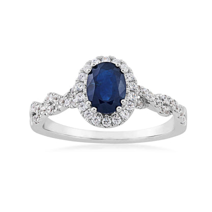 Genuine Oval Blue Sapphire Fashion Ring with 1/3 ct. tw. Diamond Halo & Twist Band in 10K White Gold