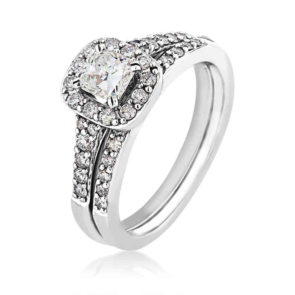 Natural 1 ct. tw. Cushion Diamond Halo Wedding Set in 14K White Gold