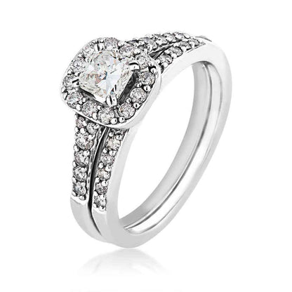 Natural 1 ct. tw. Cushion Diamond Halo Wedding Set in 14K White Gold