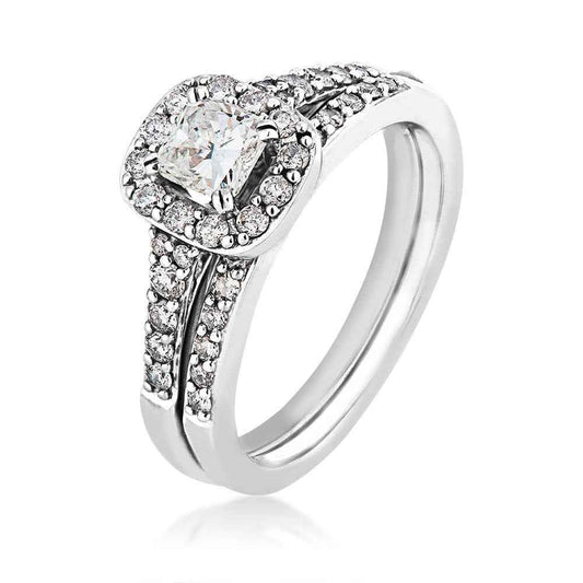 Natural 1 ct. tw. Cushion Diamond Halo Wedding Set in 14K White Gold