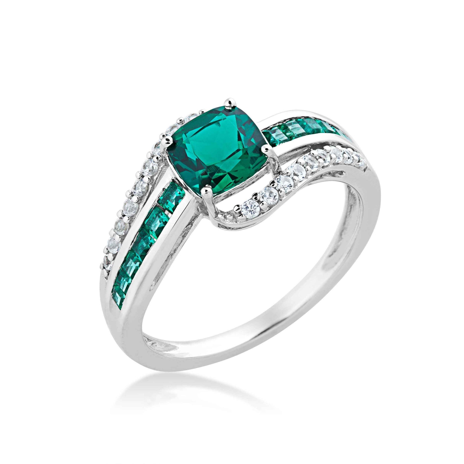 Created Cushion Cut and Channel Set Square Emerald Bypass Ring with White Sapphire Accents in Sterling Silver front view