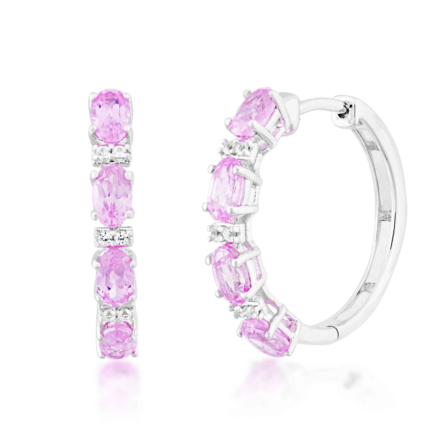Created Oval Pink & White Sapphire Fashion Hoop Earrings in Sterling Silver
