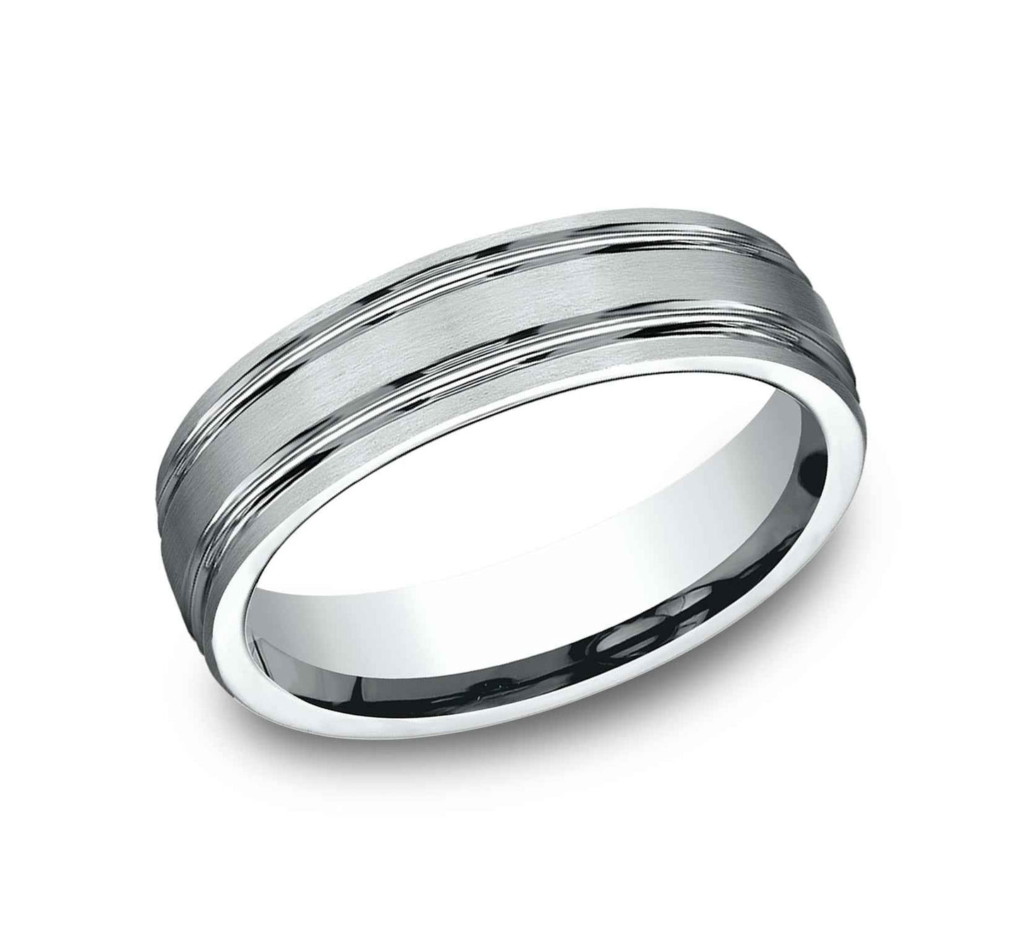 Benchmark Men's 4mm Comfort-Fit Wedding Band with Two High-Polished Parallel Grooves and Satin Center in 14K close-up detail