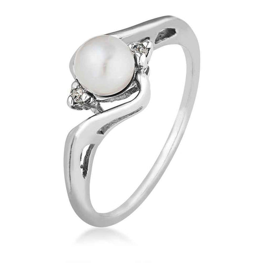 White Pearl & Diamond Ring in 10K White Gold