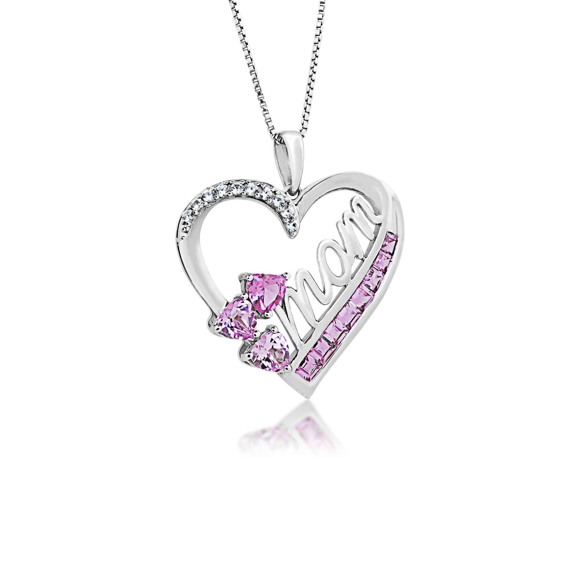 Created Pink and White Sapphire Mom Heart Pendant in Sterling Silver