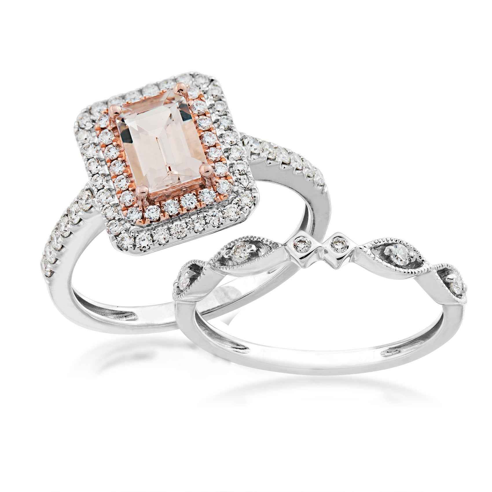 Love in Color 1/2 ct. tw. Diamond & Genuine Emerald Cut Pink Morganite Wedding Set in 14K Two-Tone Gold