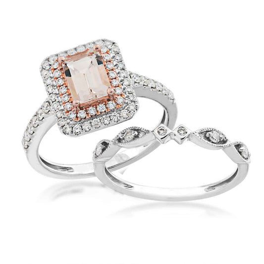 Love in Color 1/2 ct. tw. Diamond & Genuine Emerald Cut Pink Morganite Wedding Set in 14K Two-Tone Gold
