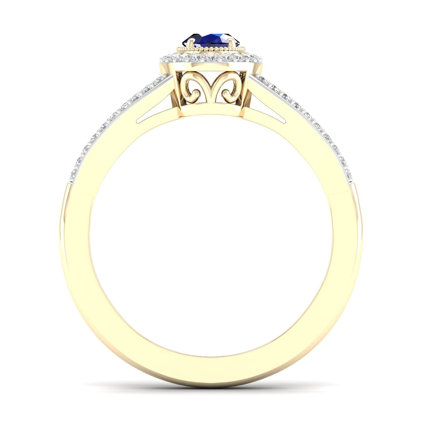 Blue Oval Sapphire and 1/6 ct. tw. Diamond Ring with Milgrain and Filigree Design in 10K Yellow Gold close-up detail