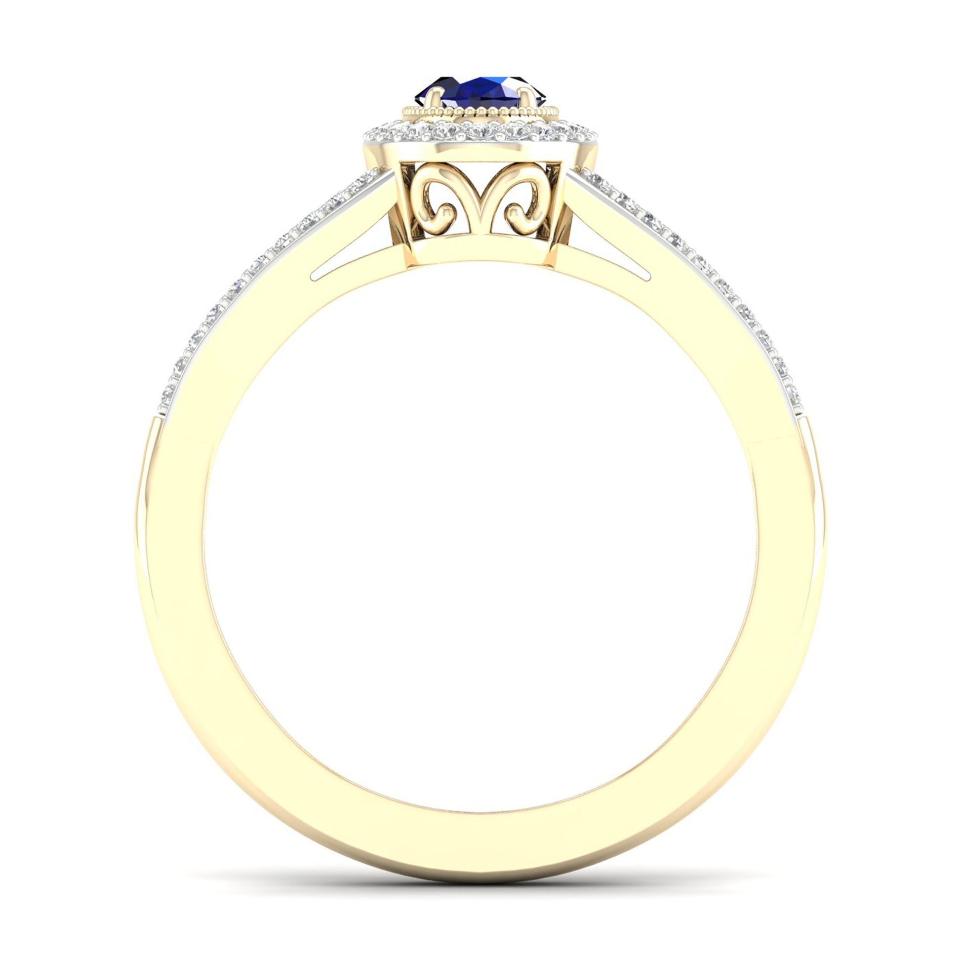 Blue Oval Sapphire and 1/6 ct. tw. Diamond Ring with Milgrain and Filigree Design in 10K Yellow Gold close-up detail
