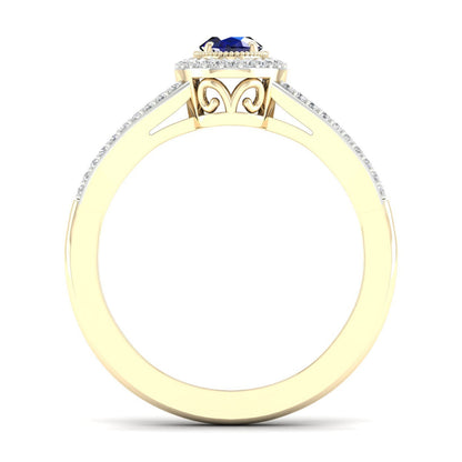 Blue Oval Sapphire and 1/6 ct. tw. Diamond Ring with Milgrain and Filigree Design in 10K Yellow Gold close-up detail
