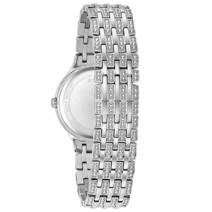 Bulova Ladies' Analog Watch with Black Dial and Silvertone Metal Band front view