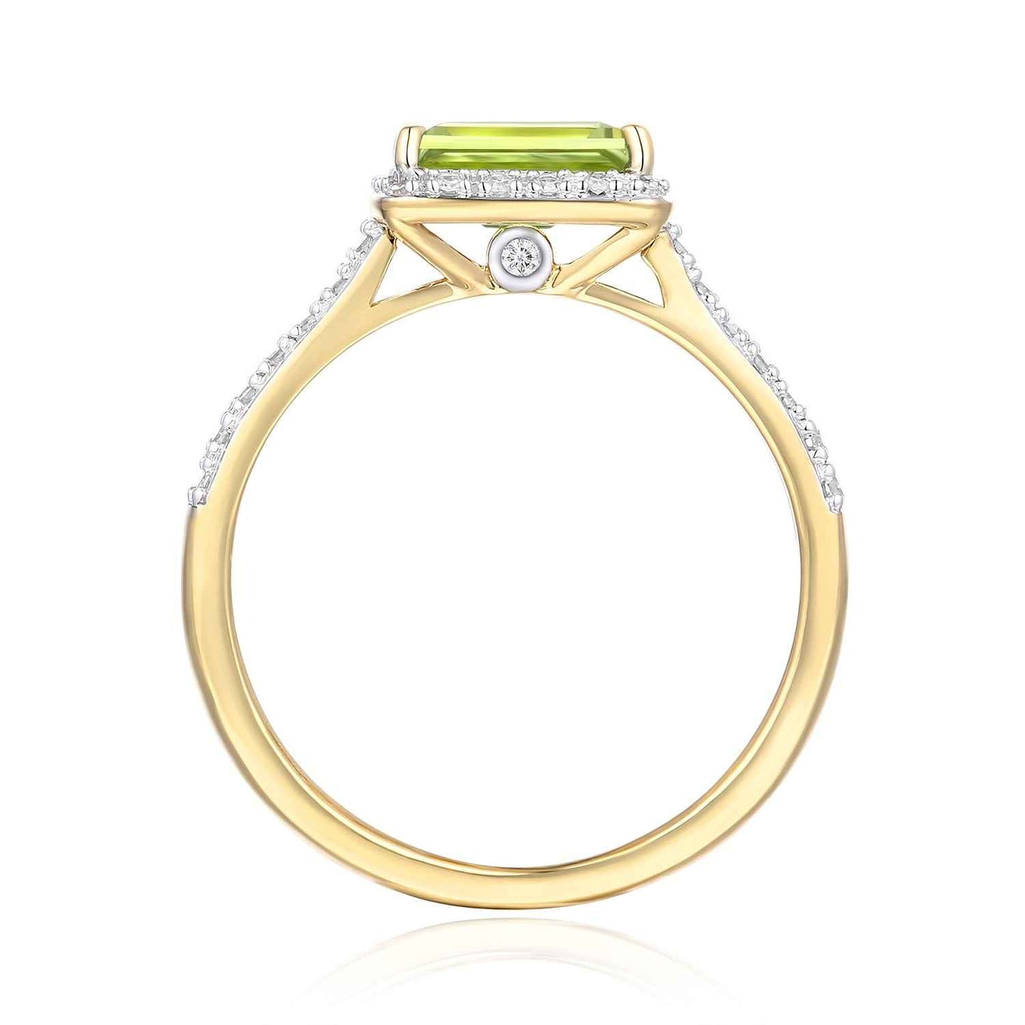Tapered Baguette Peridot and 1/7 ct. tw. Diamond Fashion Ring with Split Band Design in 10K Yellow Gold front view