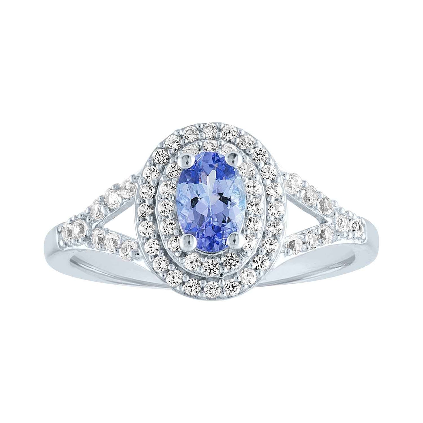Genuine Oval Tanzanite and Created White Sapphire Double Halo Ring with Split Band in Sterling Silver