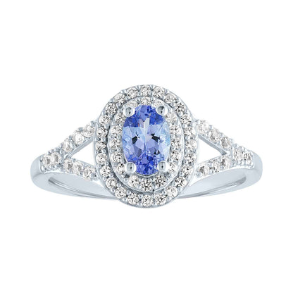 Genuine Oval Tanzanite and Created White Sapphire Double Halo Ring with Split Band in Sterling Silver