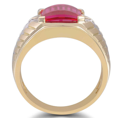 Men's Created Barrel Cut Ruby Ring with .01 ct. tw. Diamond Accents with Polished Center Line Details in 10K White front view