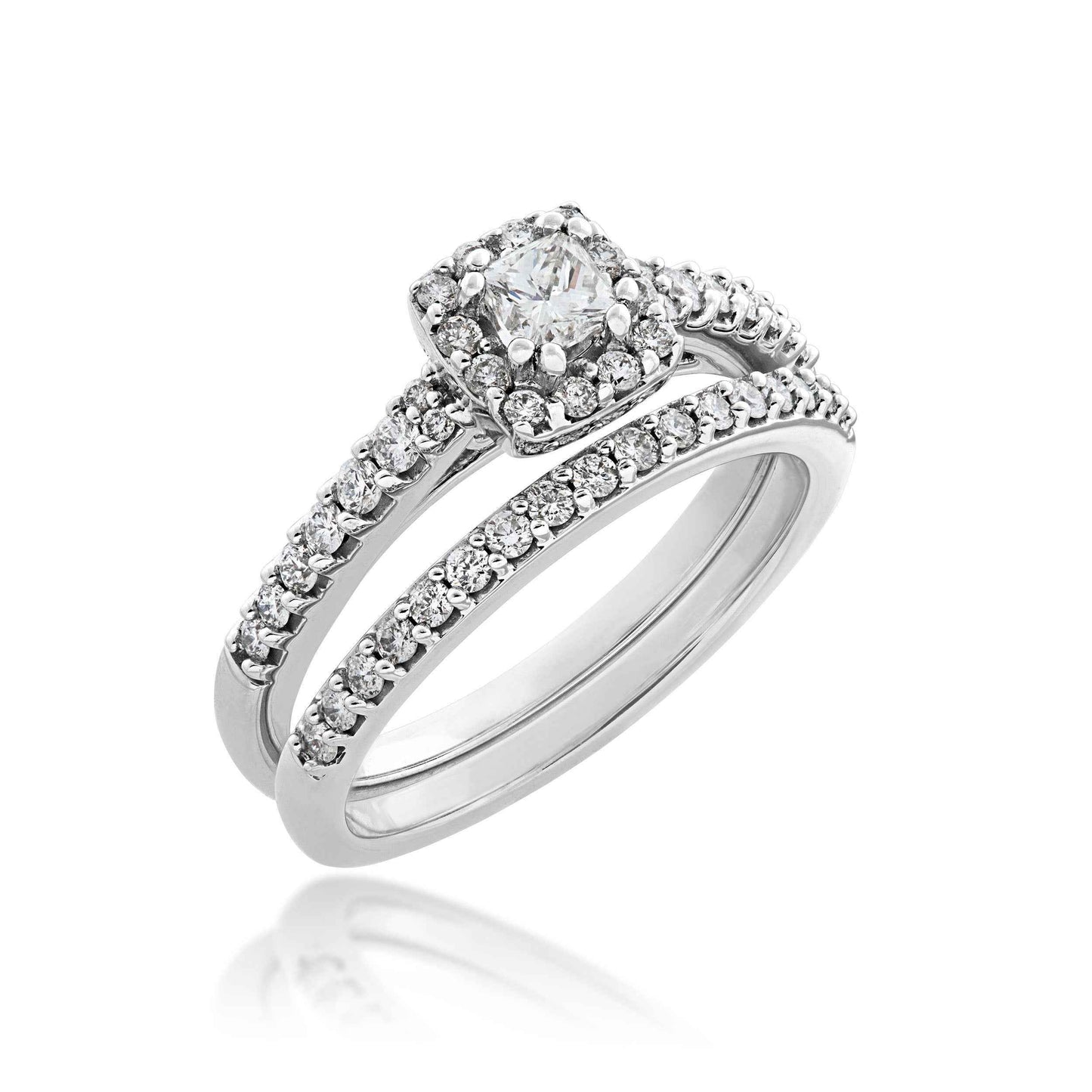 Noventa 1/4 ct. Princess Cut Diamond Wedding Set with 1/5 ct. Halo & Diamond Band in 10K White Gold close-up detail