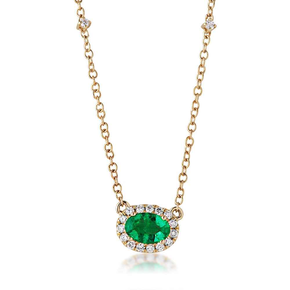 Genuine Oval Emerald Necklace with Diamond Halo & Chain Accents in 10K Yellow Gold