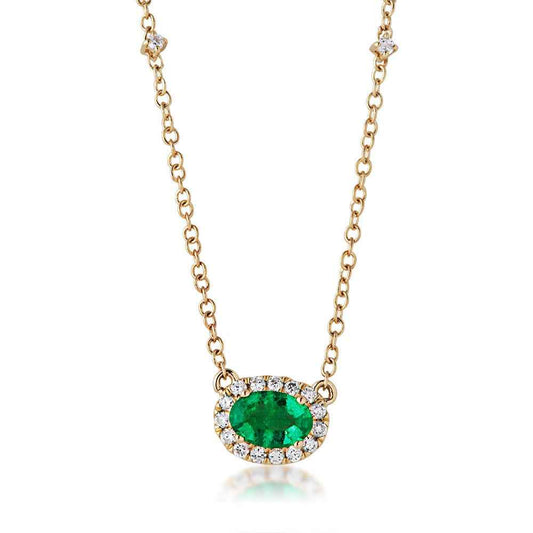 Genuine Oval Emerald Necklace with Diamond Halo & Chain Accents in 10K Yellow Gold