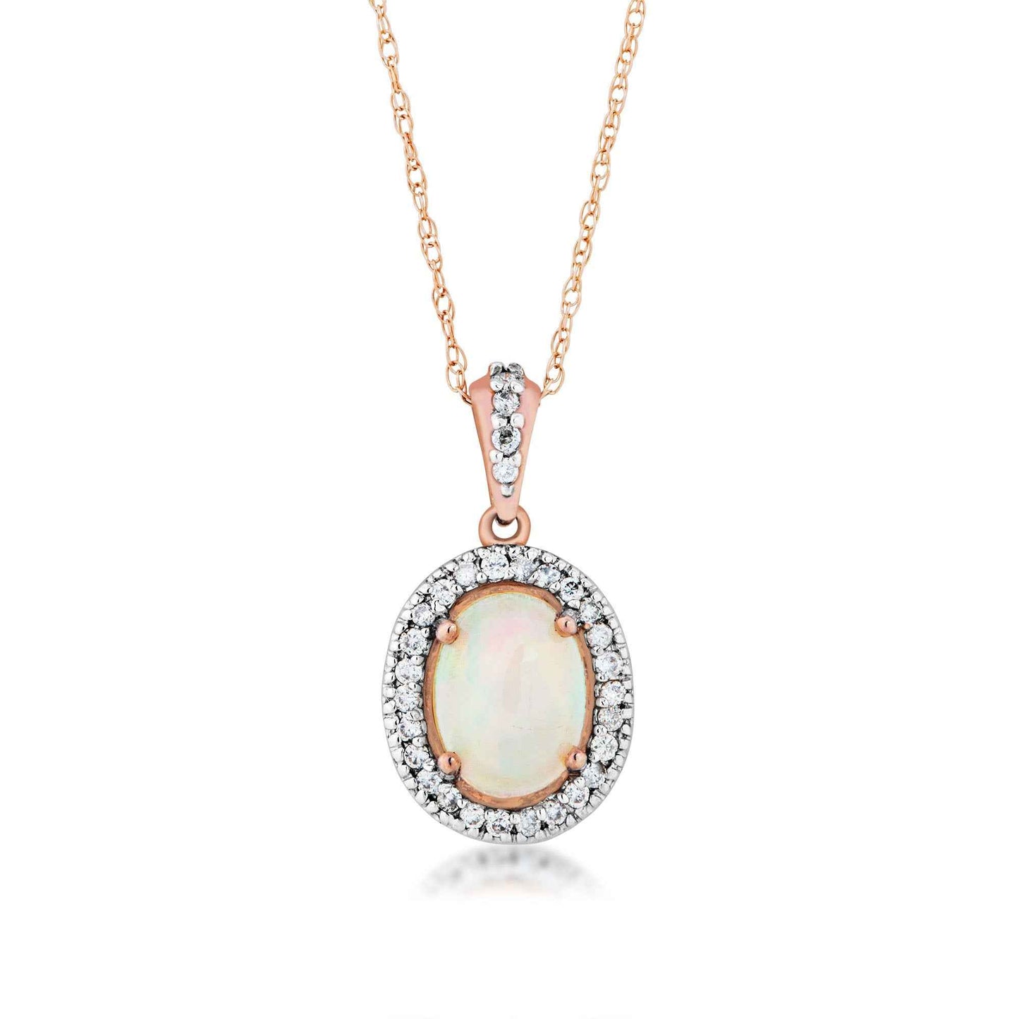 Genuine Oval Opal & 1/6 ct. tw. Diamond Halo Pendant in 10K Pink Gold