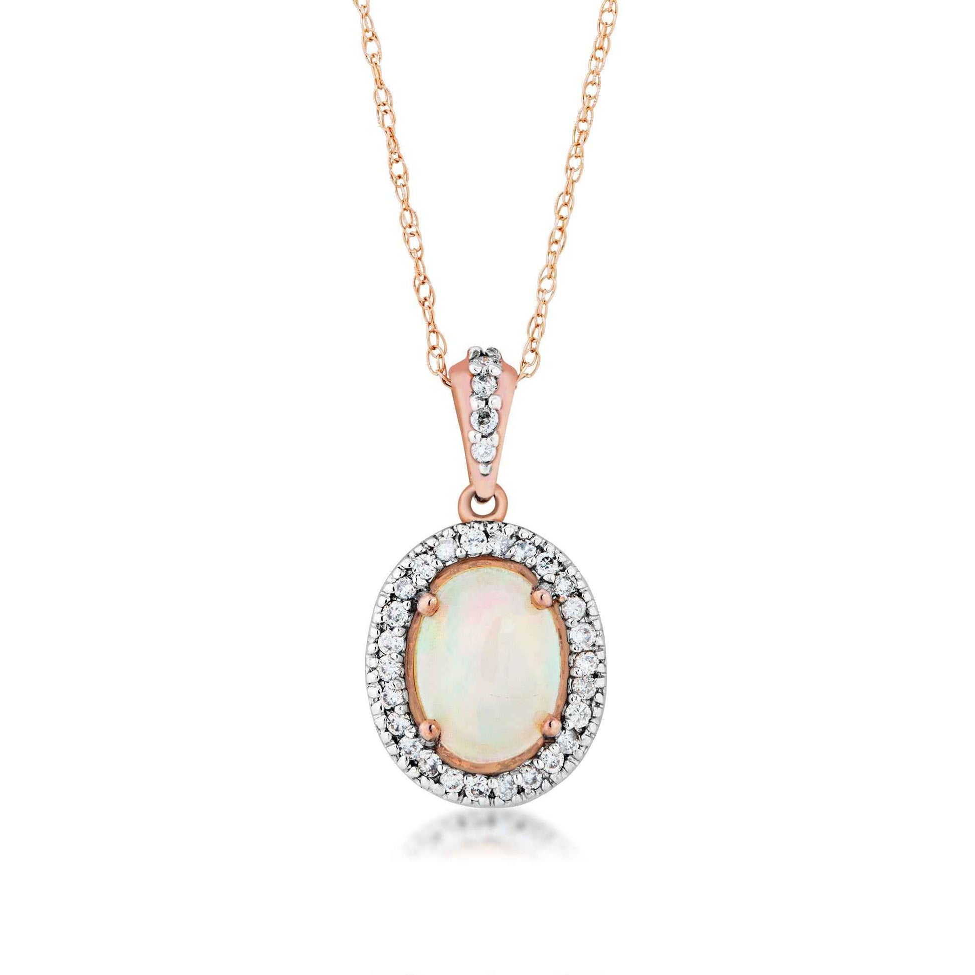 Genuine Oval Opal & 1/6 ct. tw. Diamond Halo Pendant in 10K Pink Gold