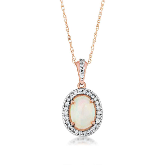 Genuine Oval Opal & 1/6 ct. tw. Diamond Halo Pendant in 10K Pink Gold