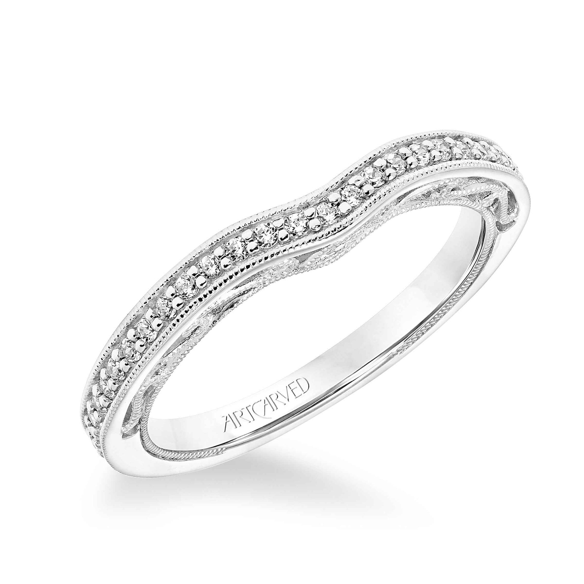 ArtCarved Vintage 1/4 ct. tw. Diamond Wedding Band with Milgrain Border and Side Band Design in 14K White close-up detail