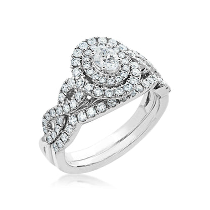 Natural 1 ct. tw. Oval Diamond Double Halo Twist Wedding Set in 10K White Gold front view