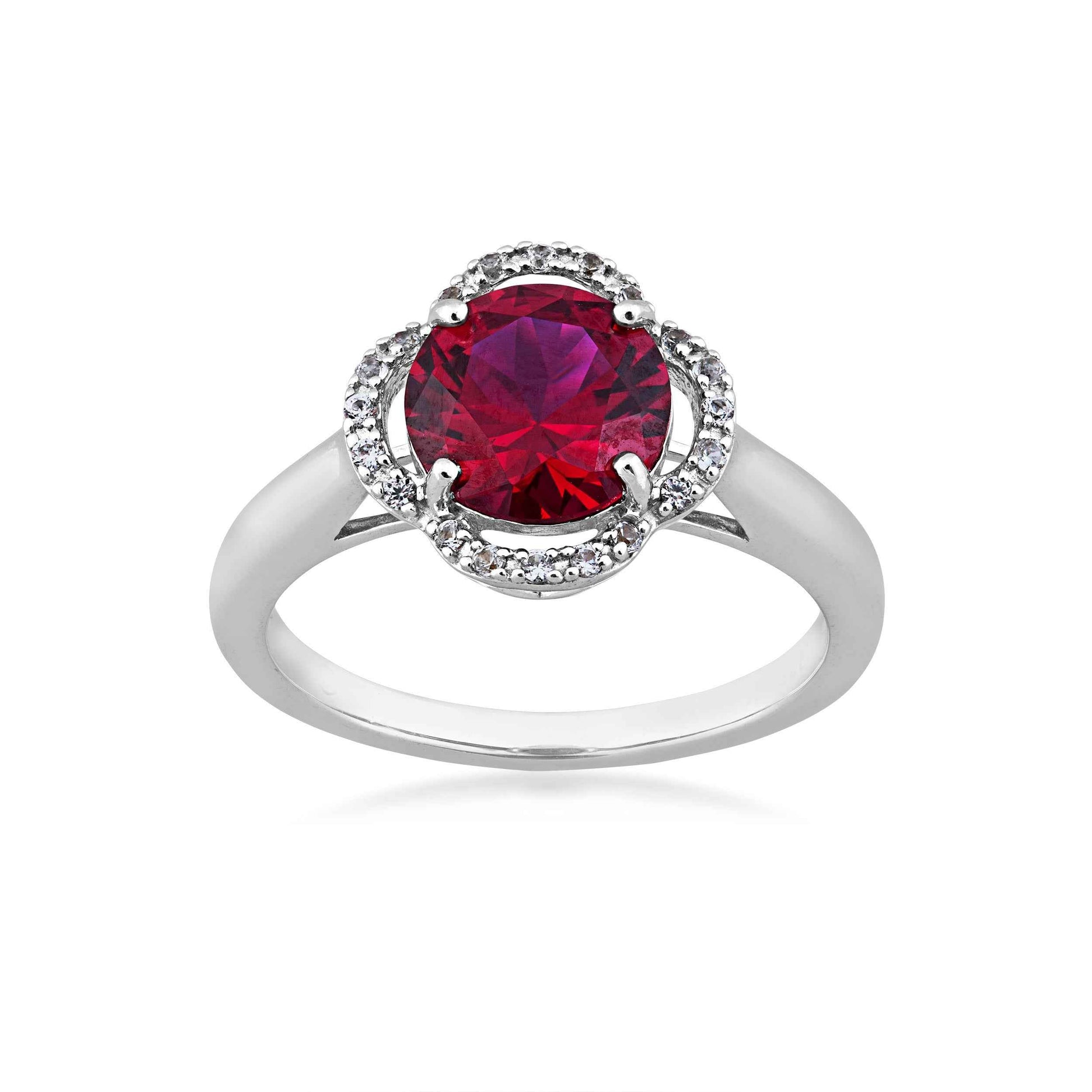 Created Round Red Ruby and Created White Sapphire Clover Halo Fashion Ring in Sterling Silver