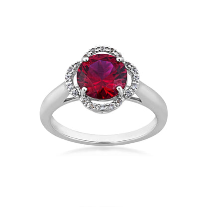 Created Round Red Ruby and Created White Sapphire Clover Halo Fashion Ring in Sterling Silver