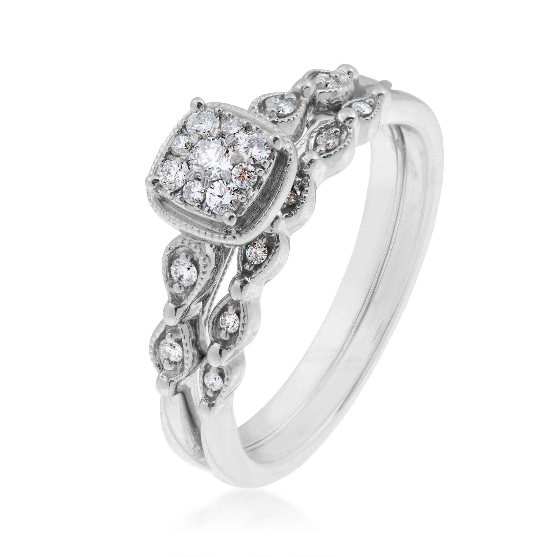 True Promise 1/5 ct. tw. Diamond Cluster Wedding Set with Milgrain Edge Detaling in 10K White Gold front view
