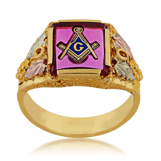 Black Hills Gold Synthetic Ruby Masonic Ring