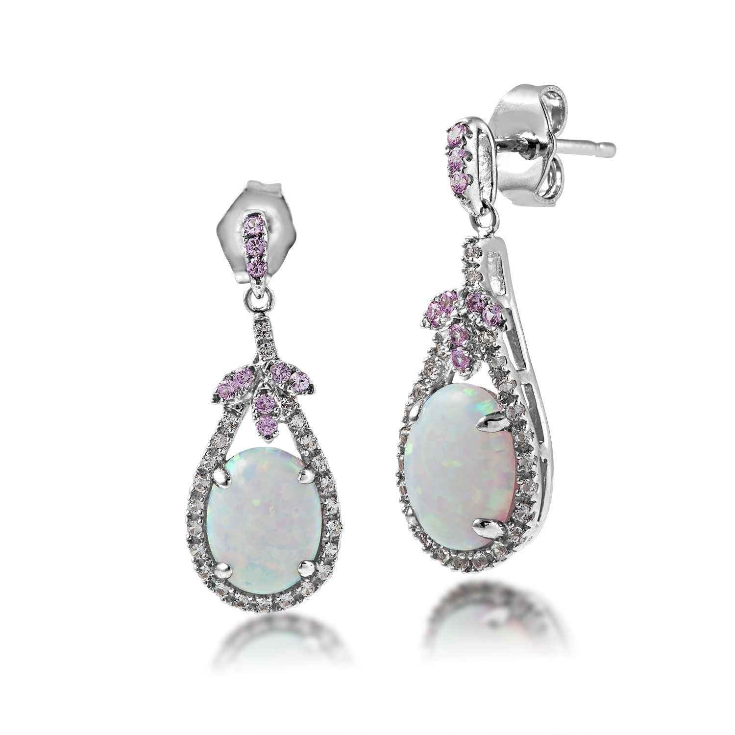 Created Oval Opal Dangle Earrings with Created White & Pink Sapphire Accents in Sterling Silver