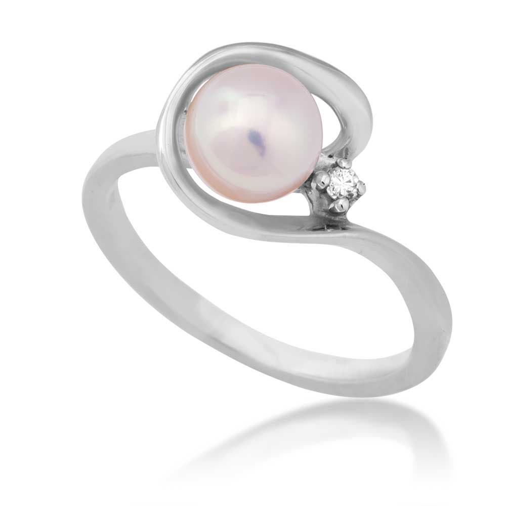 Ladies' Pearl with Swirl and Diamond Ring in 10K White Gold