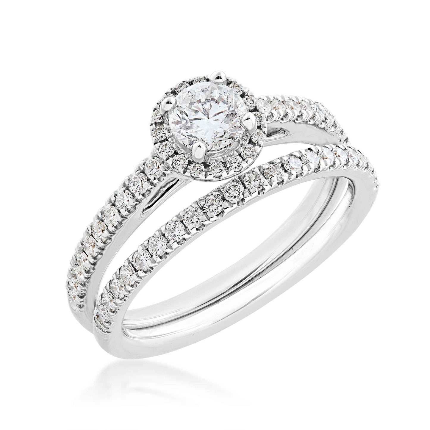 Noventa 1 ct. tw. Classic Round Diamond Halo Wedding Set with Undercarriage Cutout Diamond Band in 14K White close-up detail