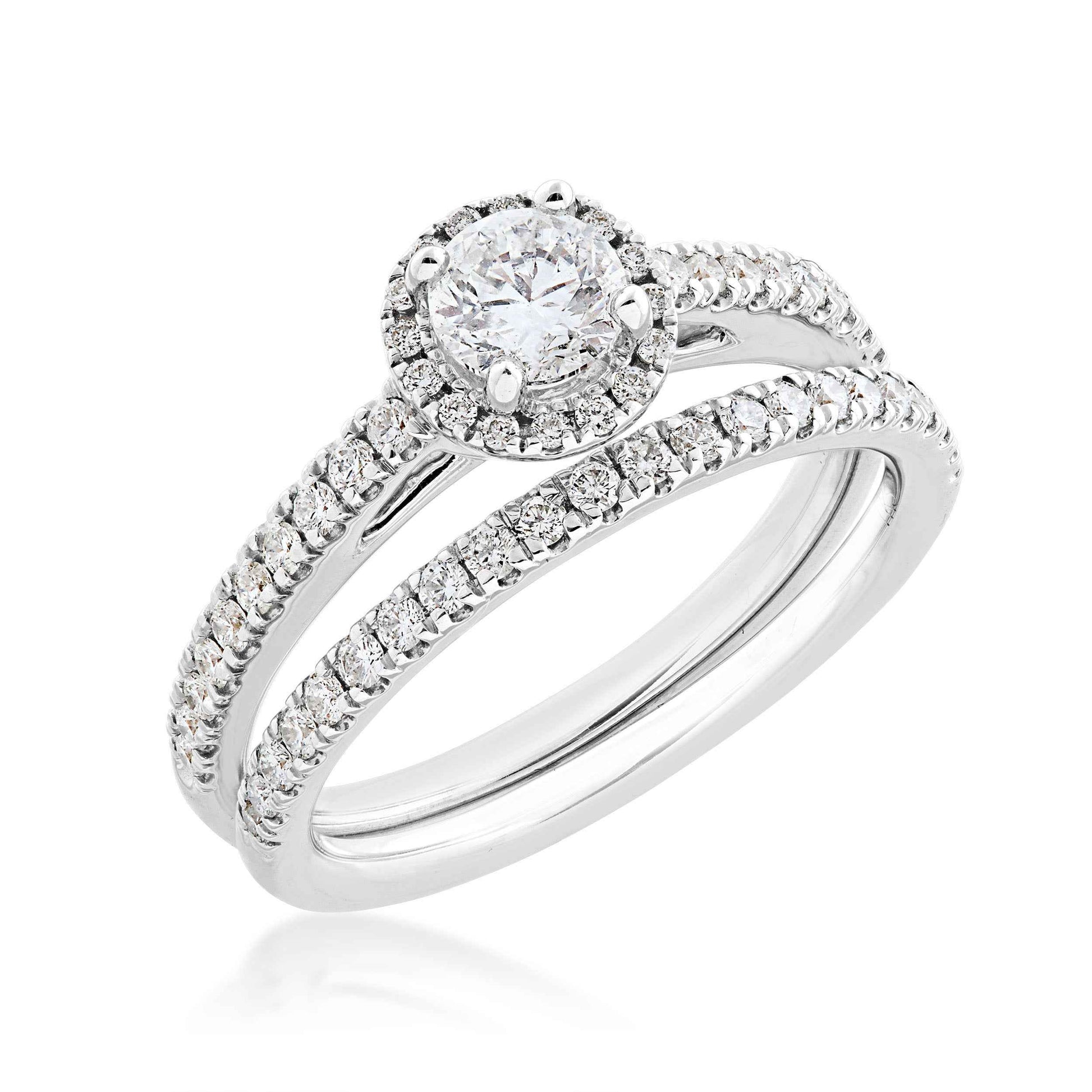 Noventa 1 ct. tw. Classic Round Diamond Halo Wedding Set with Undercarriage Cutout Diamond Band in 14K White close-up detail