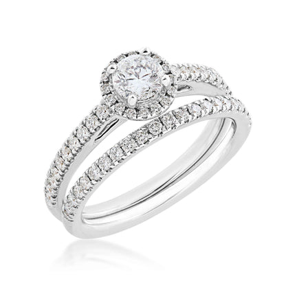 Noventa 1 ct. tw. Classic Round Diamond Halo Wedding Set with Undercarriage Cutout Diamond Band in 14K White close-up detail
