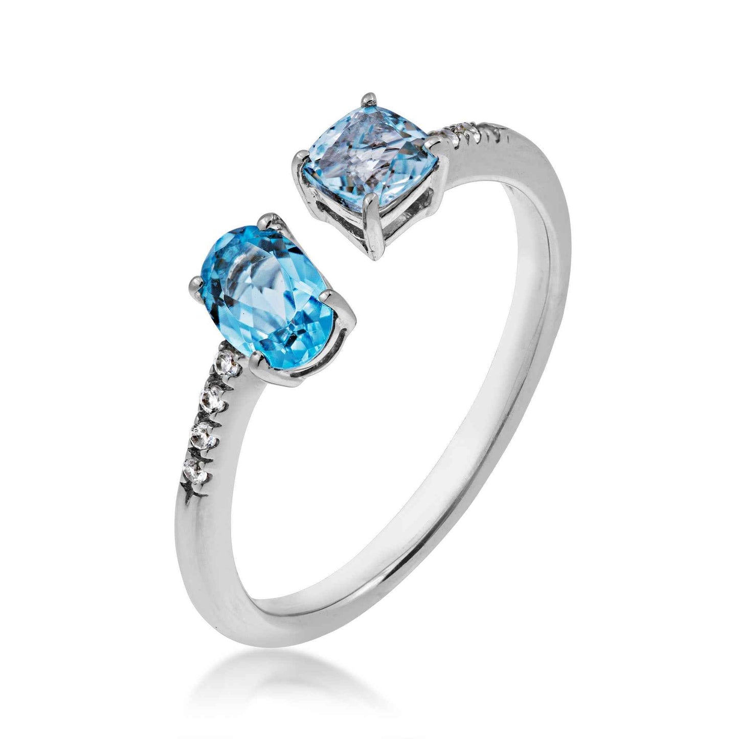 Genuine Cushion Cut Blue Topaz & Oval Swiss Blue Topaz Open Ring with Created White Sapphire Accented Band in front view