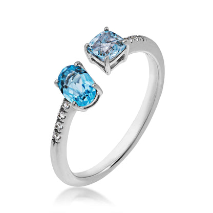 Genuine Cushion Cut Blue Topaz & Oval Swiss Blue Topaz Open Ring with Created White Sapphire Accented Band in front view