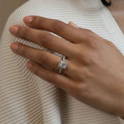 Canadian Rocks 1-1/5 ct. tw. Ideal Square Diamond Halo Engagment Ring with Pave Diamond Band in 14K White close-up detail
