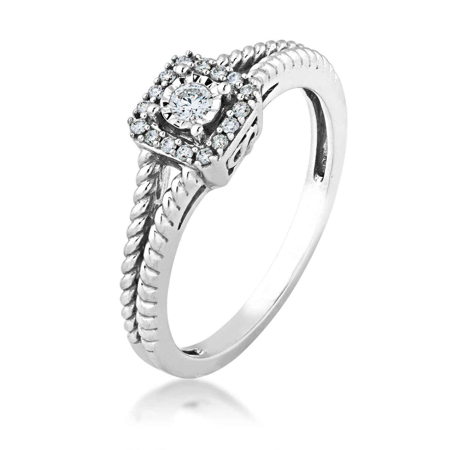 I Promise 1/8 ct. tw. Round Diamond Halo Promise Ring with Miracle Plating & Rope Detailed Band in 10K White Gold
