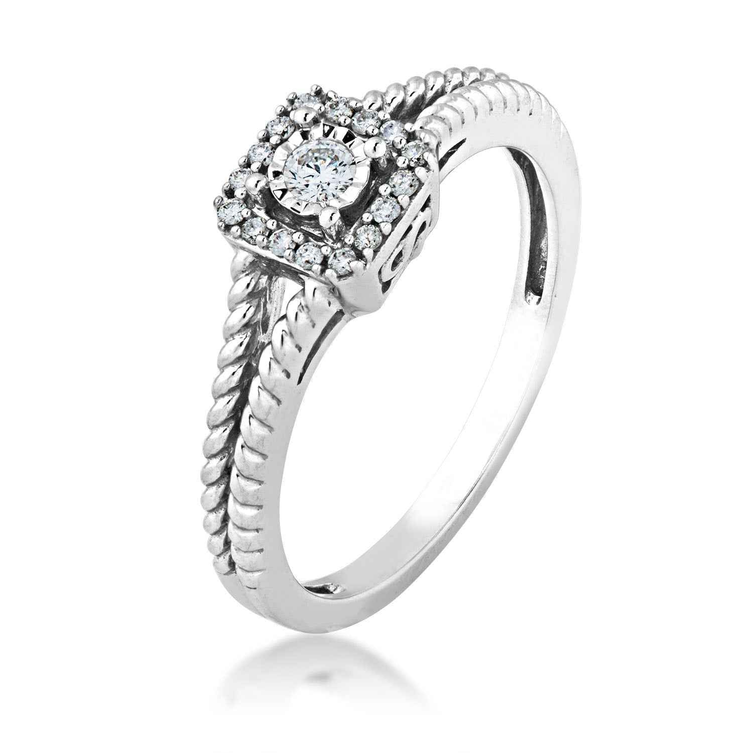 I Promise 1/8 ct. tw. Round Diamond Halo Promise Ring with Miracle Plating & Rope Detailed Band in 10K White Gold