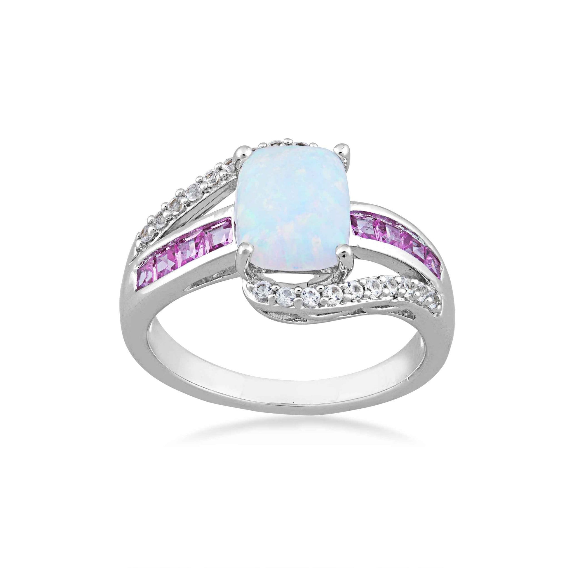 Created Cushion Cut Opal Fashion Ring with Square and Round Pink Sapphires in Sterling Silver