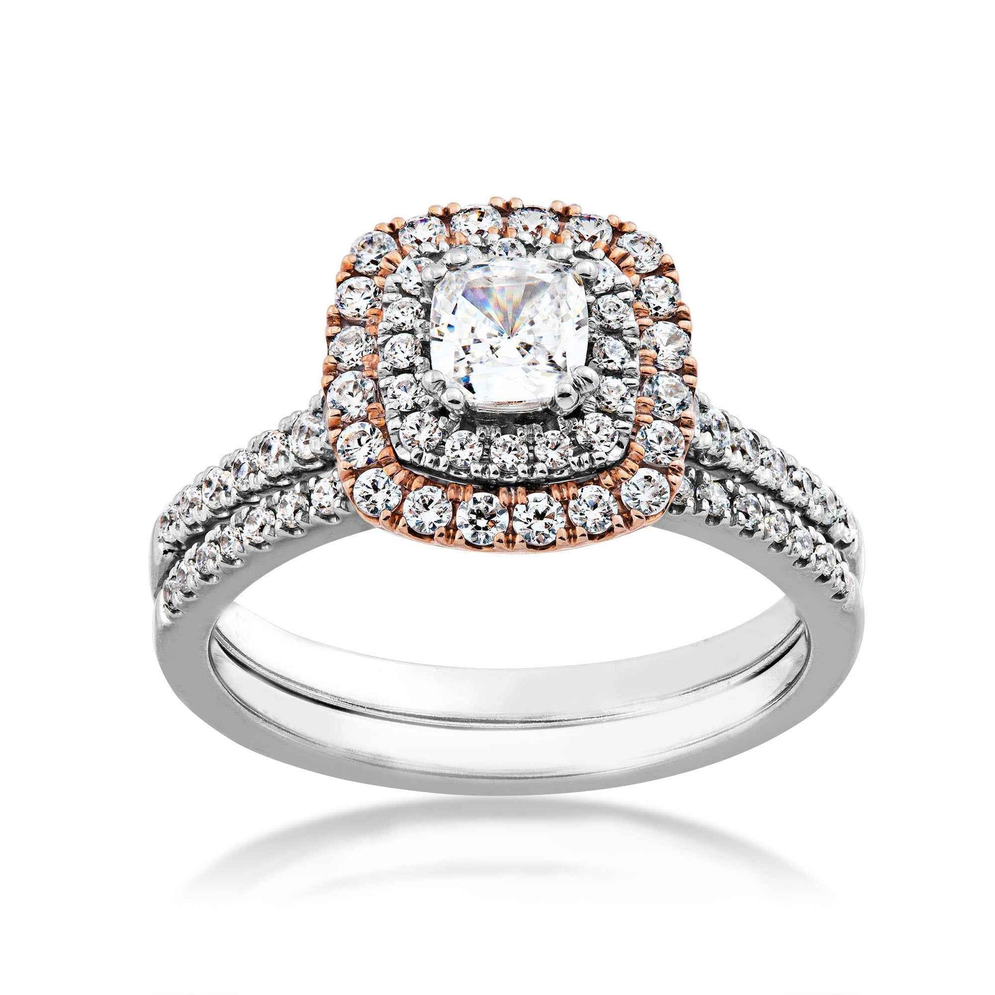 Amaura Collection 7/8 ct. tw. Cushion Cut Double Halo Diamond Wedding Set in 14K Two-Tone Gold