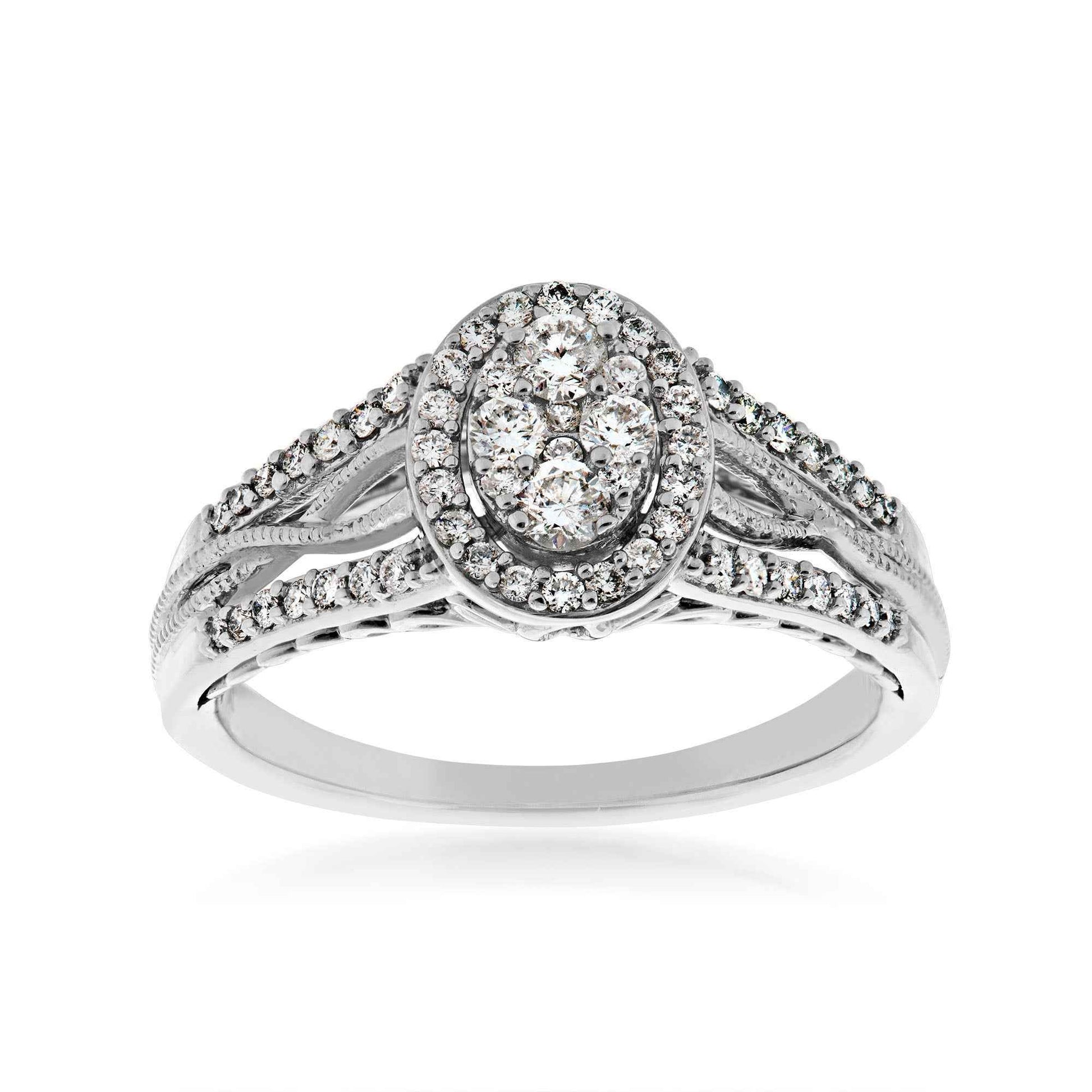 1/2 ct. tw. Cluster Diamond Halo Engagement Ring with Center Intertwined Designed Band in 10K White Gold