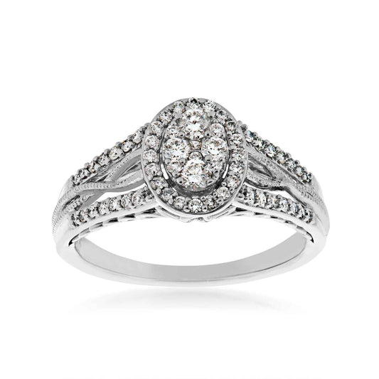 1/2 ct. tw. Cluster Diamond Halo Engagement Ring with Center Intertwined Designed Band in 10K White Gold