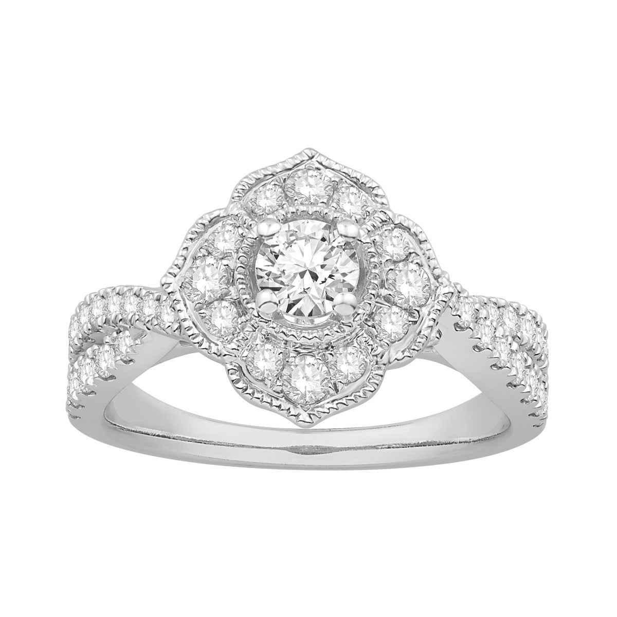 Natural 1 ct. tw. Round Brilliant Diamond Floral Halo Engagement Ring in 14K White Gold
