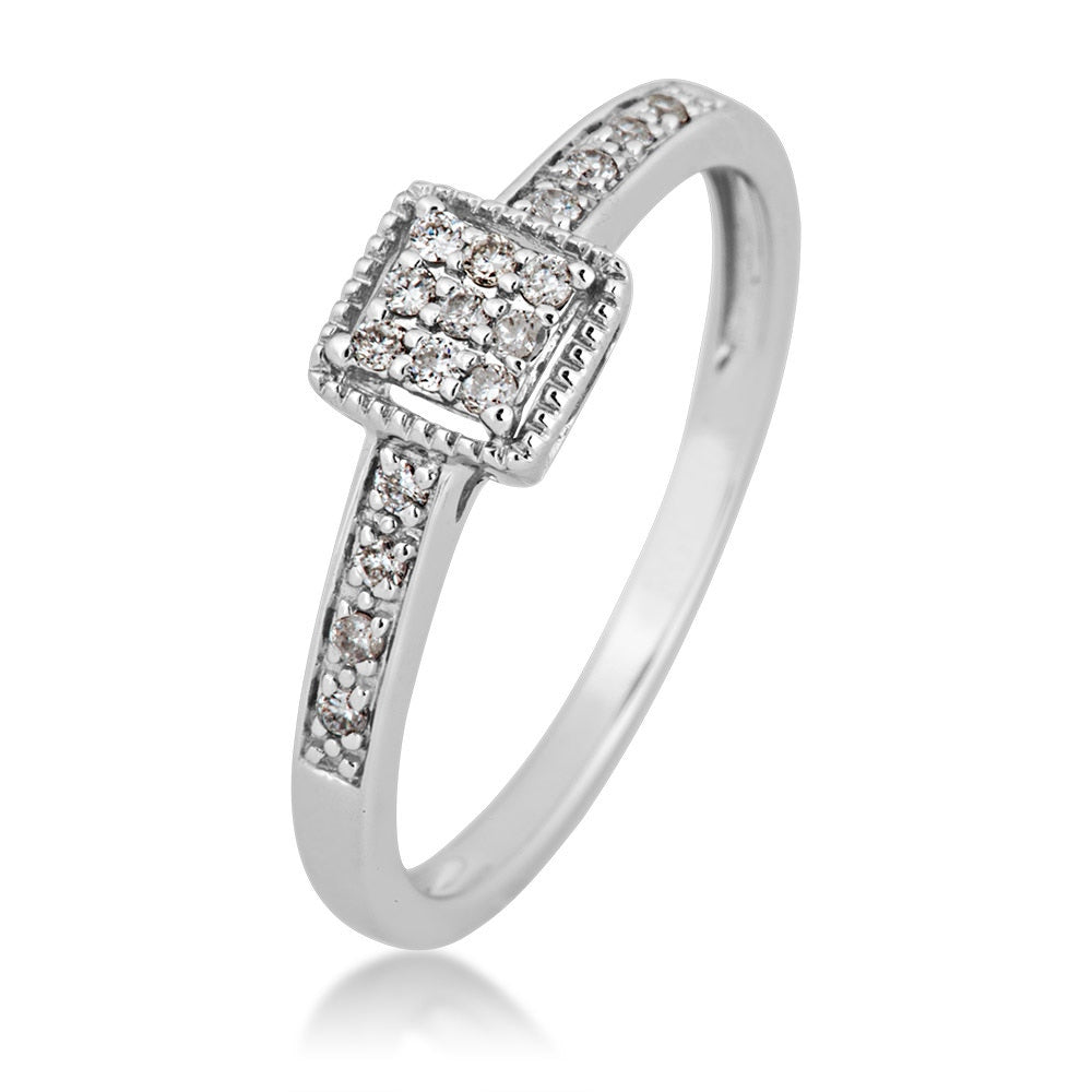 I Promise 1/8 ct. tw. Round Cluster Diamonds in Square Faux Halo Setting in 10K White Gold close-up detail