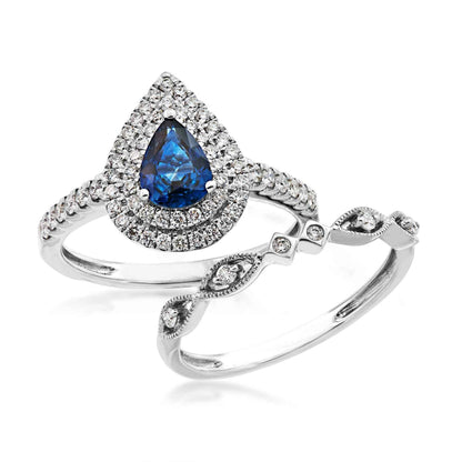 Love in Color Genuine Pear Shape Sapphire & 1/2 ct. tw. Diamond Wedding Set in 14K White Gold